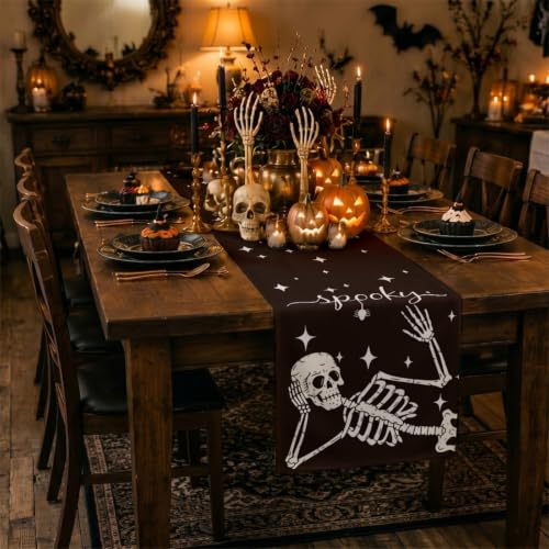 Halloween Skeleton Spider Table Runner 13x72in - Spooky Decor for Parties