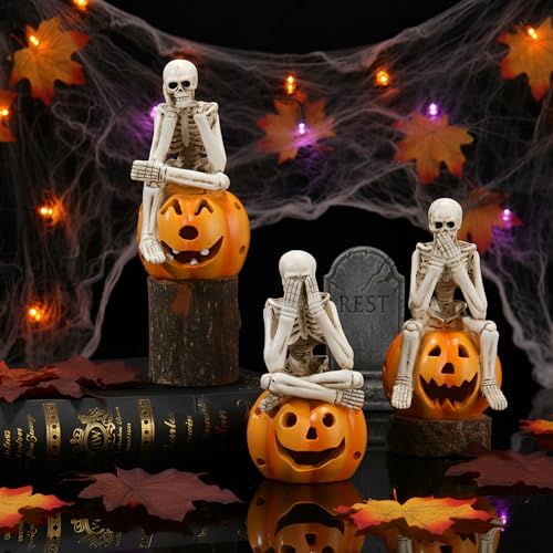 Halloween Skeleton Statue Set - See No Evil, Hear No Evil, Speak No Evil Sitting on Pumpkin