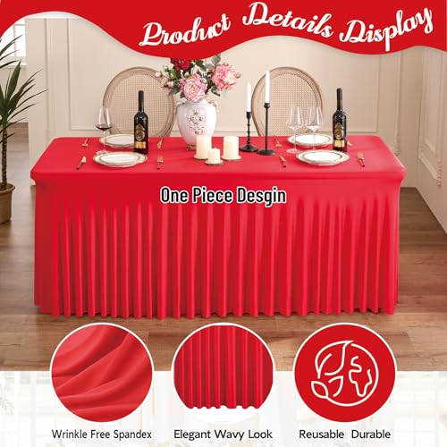 Red Spandex Tablecloth 6FT Rectangle Cover with Skirt - 6 Pack, Wrinkle-Free