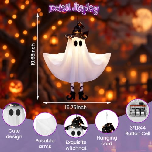 Halloween Decorations Outdoor Indoor Warm Light-Up Hanging Ghosts with Legs & Witch Hat - 4 Pack