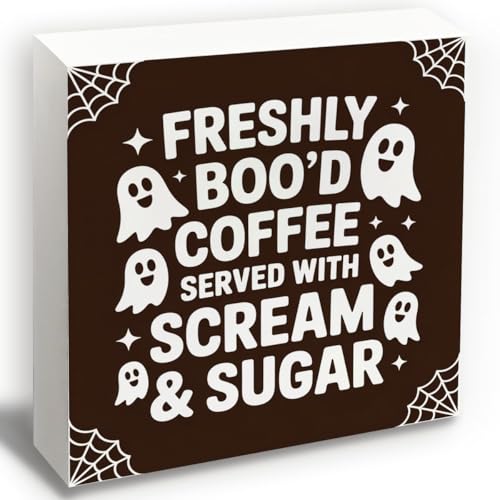 Halloween Coffee Decor Sign - Freshly Coffee Ghost 5x5 Inch Home Office Desk Shelf Decoration