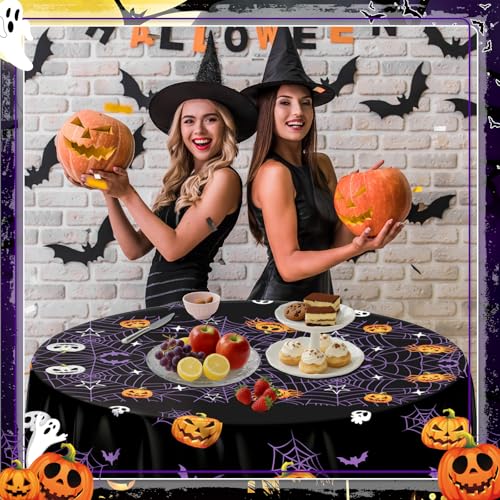 Breling 6 Pcs Halloween Spider Web Round Plastic Tablecloth 84 Inch - Spooky Decor