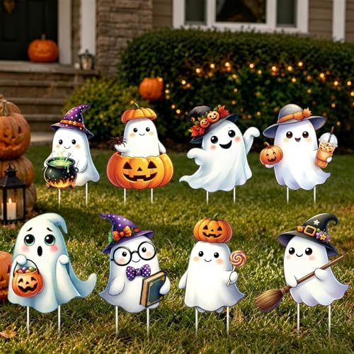 Halloween Yard Signs Decorations Pumpkin Ghost Outdoor Stakes - 8 Pack, 12x13 Inch, Variation: Pumpkin Ghost