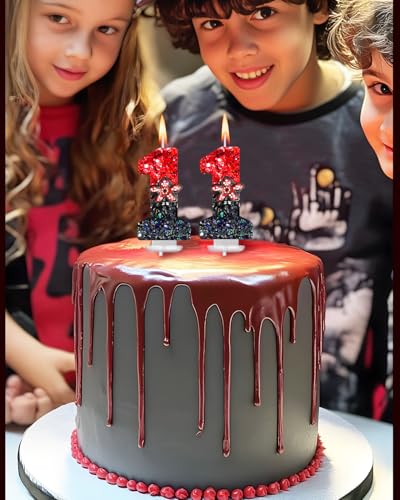 Red & Black Glitter Birthday Number Candle - 9 - Retro Sci-Fi Halloween Party Decor