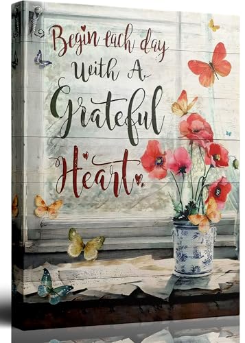 Wrapped Canvas Wall Art - Red Flower Butterfly Poppy Painting 16x24 Inches - Farmhouse Home Decor