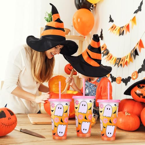Pink Ghost Halloween Cups with Lids & Straws, 24 oz - 12 Pack - Variation of THIS listing
