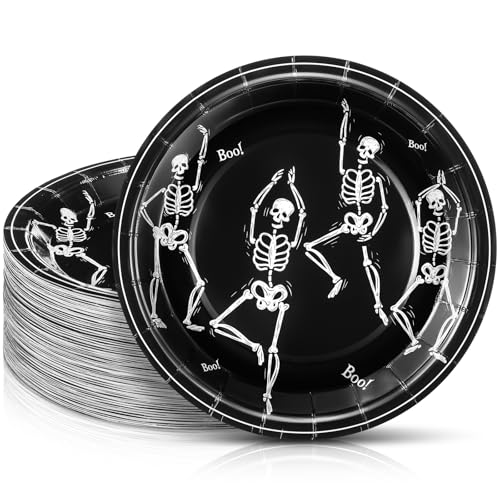 Halloween Skeleton Paper Plates - Black 7 Inch, Pack of 100 - Festive Disposable Tableware