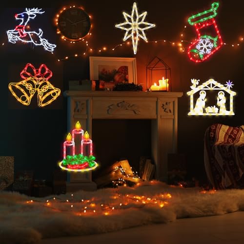 16-Inch Christmas Window Silhouette Lights Decorations - Reindeer & Bell & Nativity & Candle & Stocking & Bethlehem Star