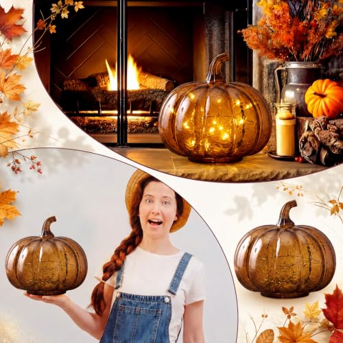 Glooglitter Mercury Glass Pumpkin Light LED Halloween Decor - Small Amber, Round