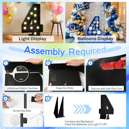 Black 4FT Light Up Number 4 Marquee for Birthday Party Decorations - Foam Cardboard Giant Cut-Out