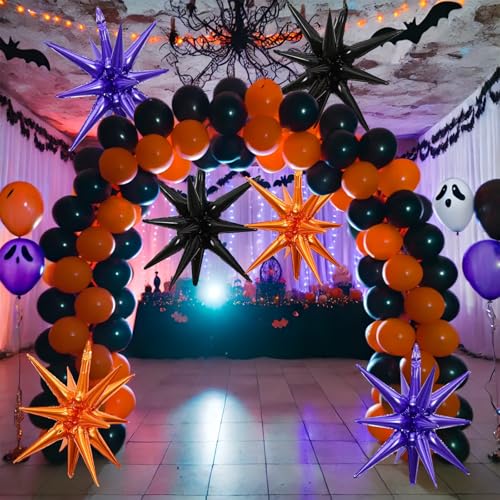 Black Orange Purple Star Explosion Balloons Set - 27 Inch Foil Party Decorations