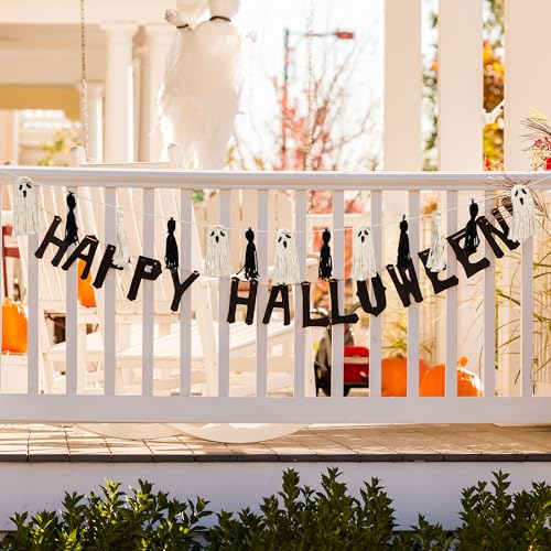 Halloween Ghost Tassel Garland - Black & White 9Ft Macrame Banner Decor