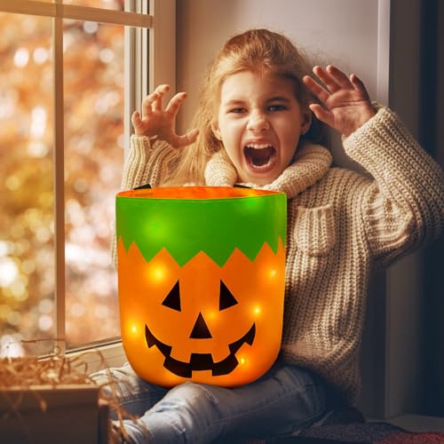 Halloween Candy Buckets with LED Lights - 2 Pack, Orange & Green Trick or Treat Baskets