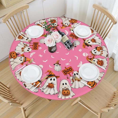 Pink Halloween Round Fitted Tablecloth with Elastic Edge - 43 Inch Spooky Cute Decor