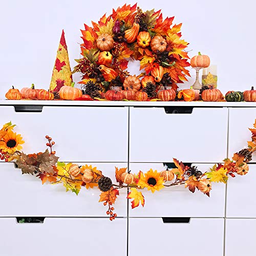 Fall Maple Leaf Garland with Sunflowers Pumpkin Berries - 12ft Autumn Decor Set