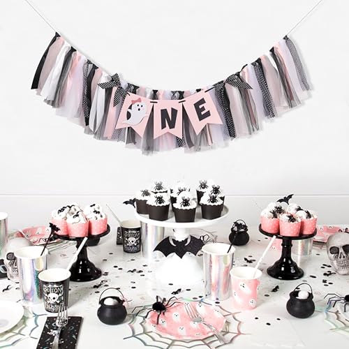 Pink and Black Halloween First Year Birthday Highchair Banner with Ghost Theme and Bows
