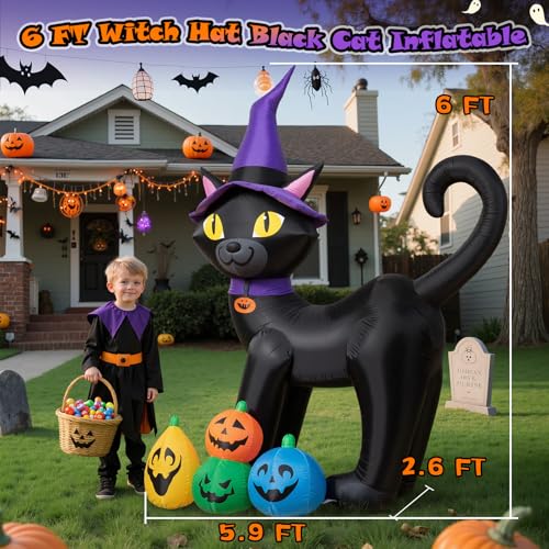6FT Inflatable Halloween Black Cat with Witch Hat & Colorful Pumpkins, LED Yard Decor