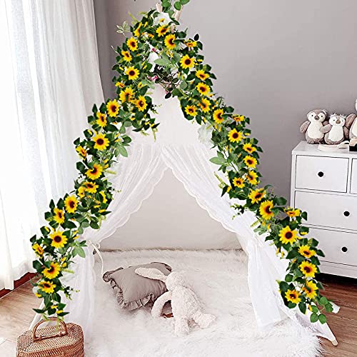 Artificial Sunflower Garland with Green Leaves 1.95m for Wedding Party & Christmas Decor - Variation of A-Sunflower-1.95m