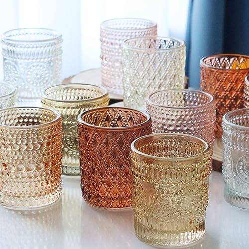 Multicolor 12 pcs Glass Votive Candle Holders Set with 6 Fall Colors & 3 Patterns