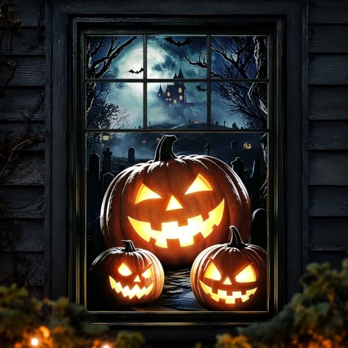 Halloween Window Cover Decor Bunny Chorus Spooky Pumpkin Graveyard Scene - 32x48 Inches