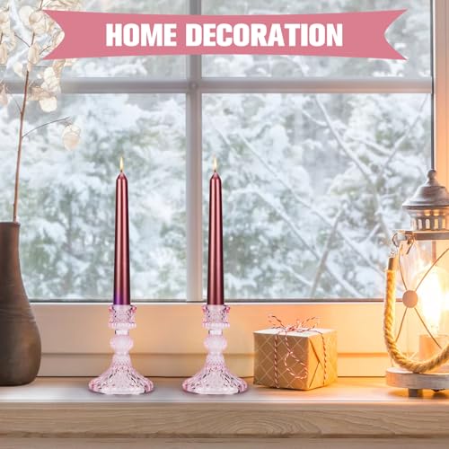 Pink Glass Candle Holder Set - 2PCS Decorative Pillar Candle Stands for Weddings & Events