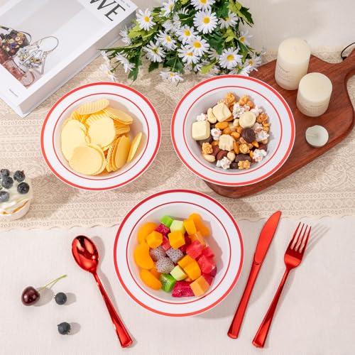 Disposable Plastic Bowls with Red Rim - 50 Pack, 12oz Food-Grade, BPA-Free