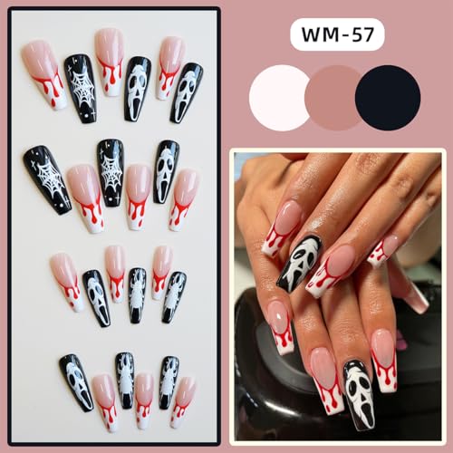 Halloween Nails with Blood Drop & Ghost Designs - Long Coffin Fake Nails - Variation 11