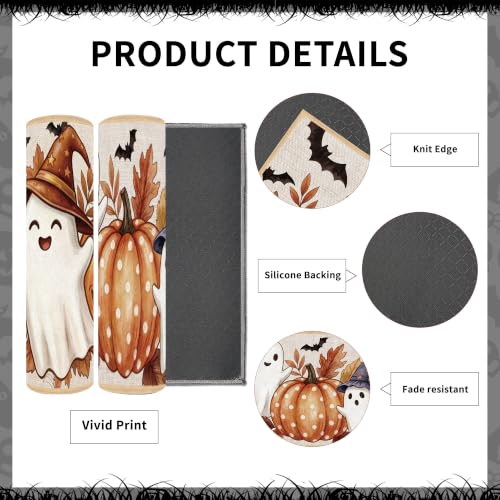 Halloween Kitchen Rugs Set - Cute Ghost Pumpkin Fall Floor Mats, 2 Pieces