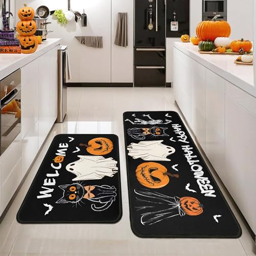 Halloween Pumpkin Skull Ghost Black Cat Doormat Set - Non Slip Absorbent Kitchen Rugs, 17x30 & 17x47 Inches, Black-D Variation