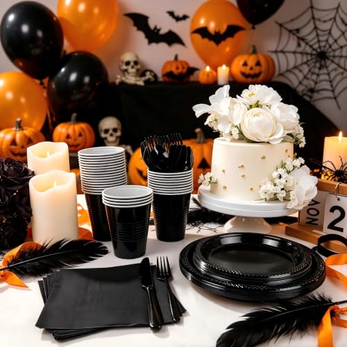 Black Disposable Plates for Party - 350PCS, Food-Grade Plastic, Variation: Black