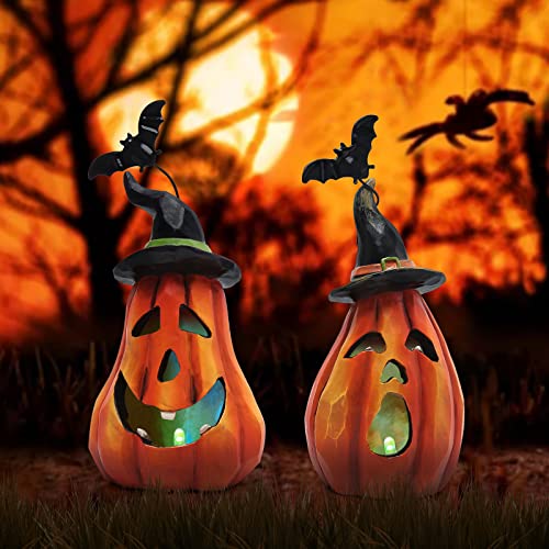 Hodao Halloween Pumpkin Figurines - Orange Jack-o'-Lantern Decor Set with Light-Up Faces