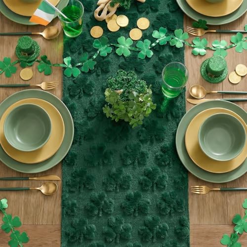 Green Plush Faux Fur Lucky Clover Table Runner - 13x36 Inch Seasonal Decor