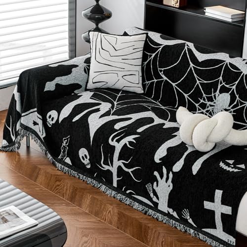 Halloween Sofa Cover with Tassels for 2-3 Cushion Couch - Reversible Chenille Pet & Home Decor - Black / Large (71x102)