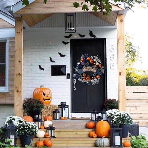 24-Inch Halloween Black Glitter Pumpkin Wreath for Front Door
