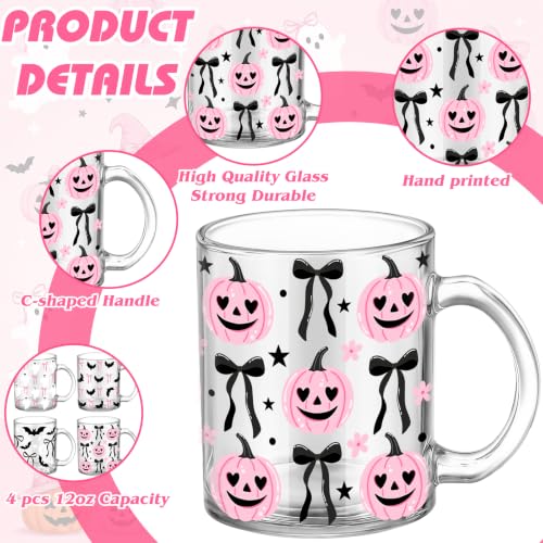 Halloween Coffee Mug Set Bat Design - Pink Bow, 12 oz Glass, Halloween Gift