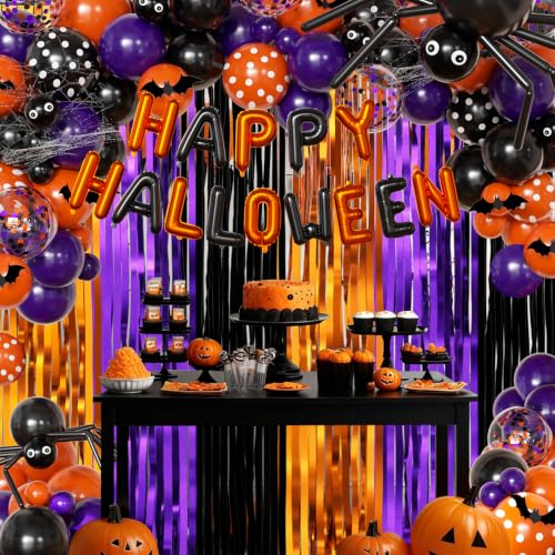 Halloween Fringe Curtain Set - Orange Purple Black Party Decorations with Balloons & Bats - Variation of Black Purple Orange