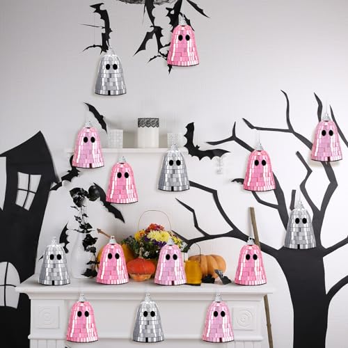 Pink 24 Pcs Disco Ghost Halloween Decorations Mirror Ornaments for Party & Holiday