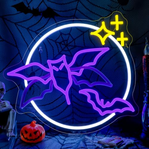 Purple Bat Neon Sign with Flashing Wings Halloween Wall Decor