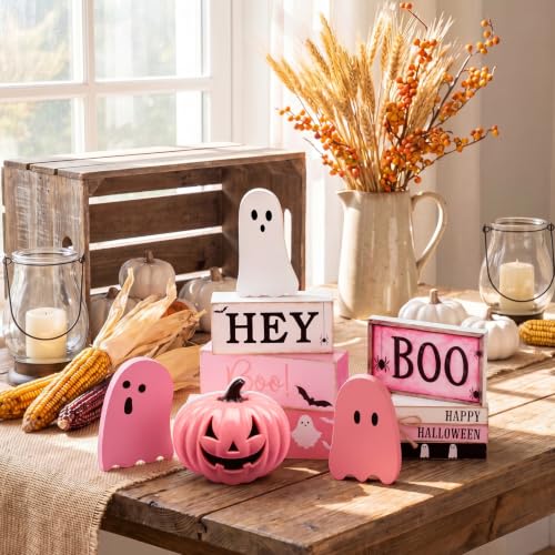 Pink Ghost Halloween Wooden Tiered Tray Decor Set - Spooky Season Centerpiece