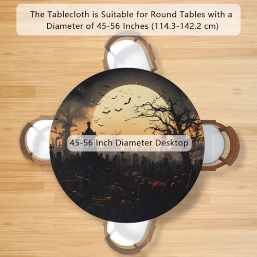Halloween Moon Night Bats Tree Round Fitted Waterproof Tablecloth - 56 Inch, Elastic Edge