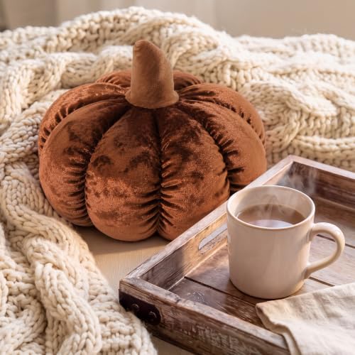 Reddish Brown Velvet Pumpkin Pillow - Fall Autumn Halloween Decor