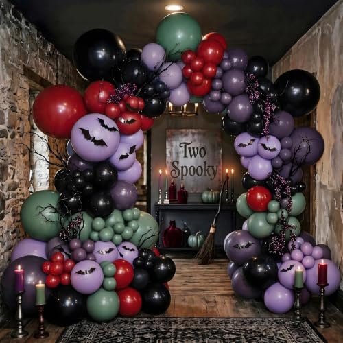 Halloween Balloon Arch Kit - Sage Green Purple Red with Bat Stickers - Variation of Green Purple Red Halloween