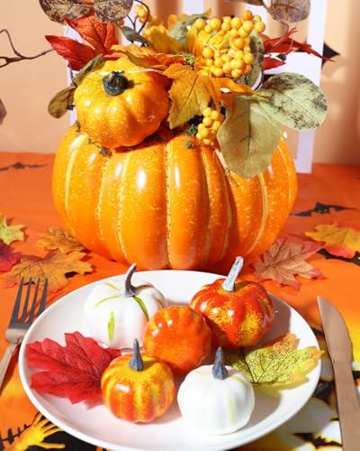 Artificial Pumpkin Centerpiece with Lights for Fall Table Decor - 9.1 Inch