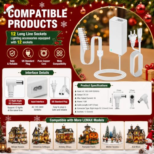 4.5V Power Adapter for Lemax Lighted Village Accessories - 12 Output, White
