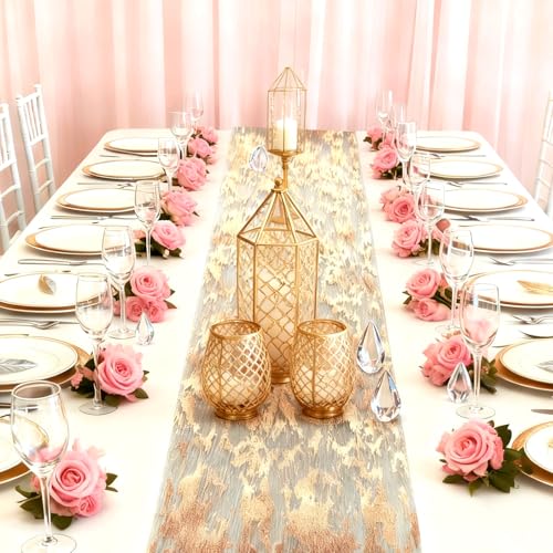 Rose Gold Glitter Metallic Mesh Table Runner 12 Pack 11x108 Inches for Wedding & Parties - 2x9FT