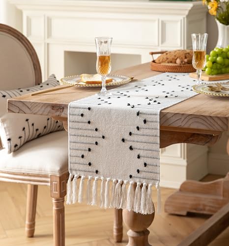 Black Beige Cotton Linen Table Runner 13 x 90 Inch Rustic Boho Home Decor - Variation of THIS listing