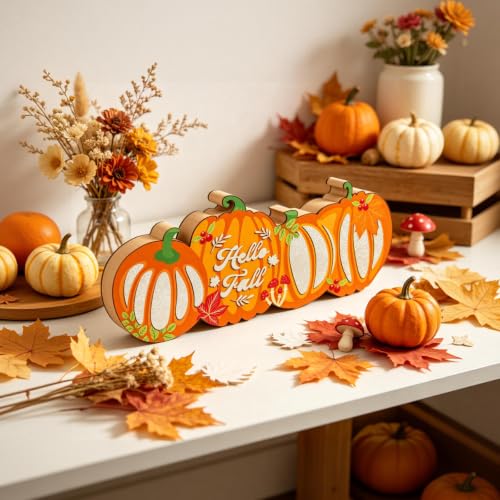 Lighted Halloween & Autumn Pumpkin Table Decor - Double-Sided Wooden Centerpiece