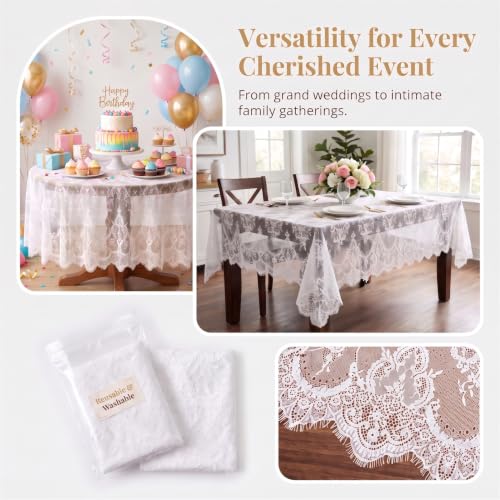 White Lace Tablecloth 60x120 Inch - 2-Pack Elegant Wedding Decor - Variation of B-White / 2