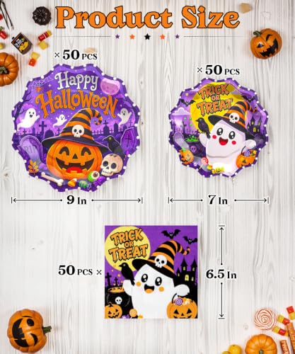 Halloween Heavy-Duty Paper Plates and Napkins Set - Dark Purple, Curved 9inch & 7inch - Spooky Gothic Party Supplies - 150 Pieces