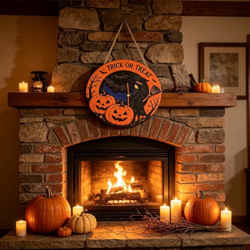 Halloween Front Door Decor Sign - Black Witch Pumpkin Bat Wood Hanging Plaque